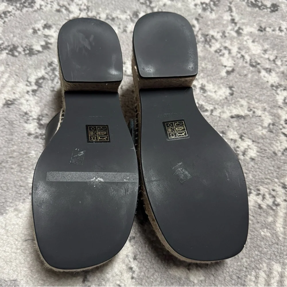 J. Crew Made in Spain Black Leather Gold Buckle Block Heel Espadrilles